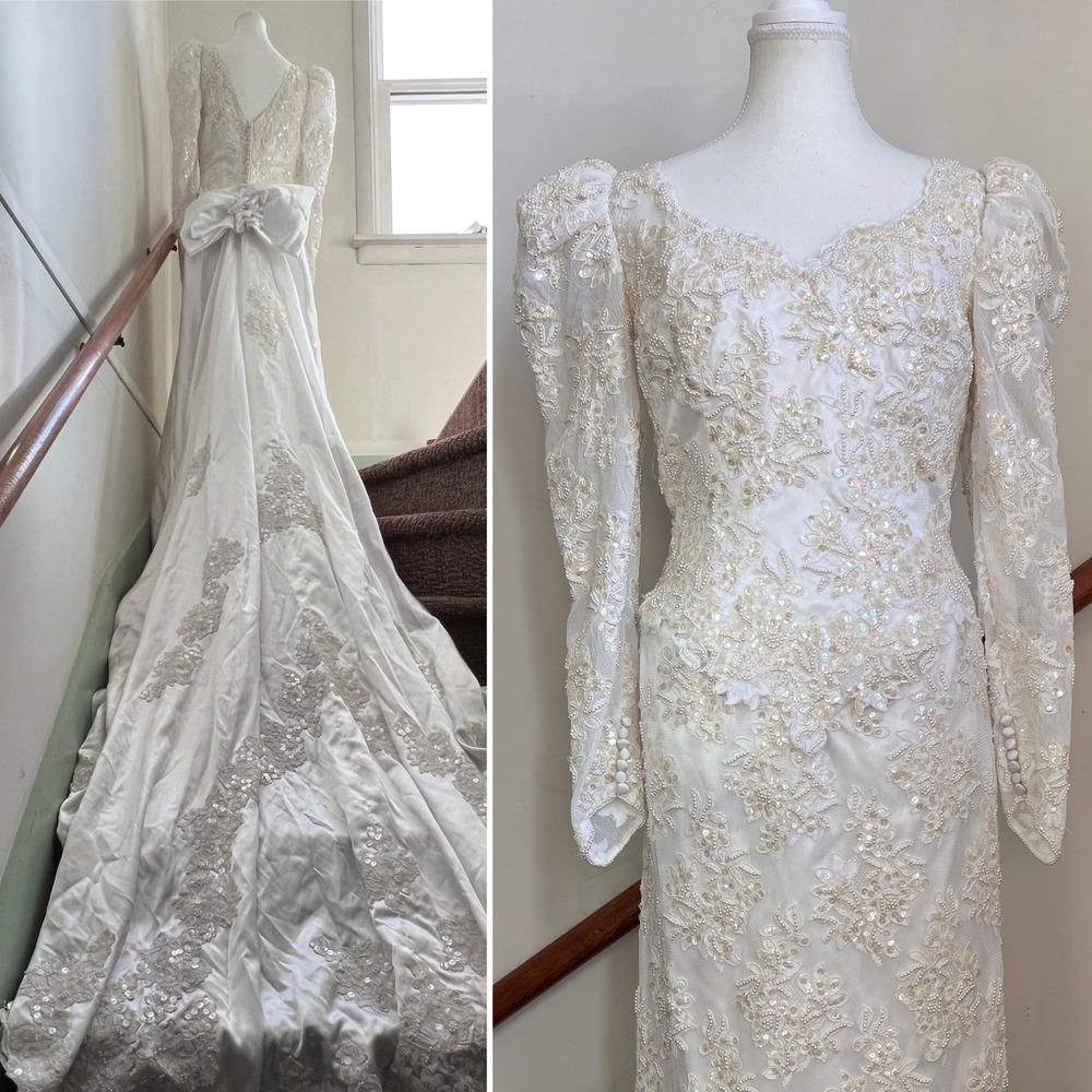 Vintage 80s Wedding Gown Dress White Lace Sequin Pearl Puff Shoulder Sleeve